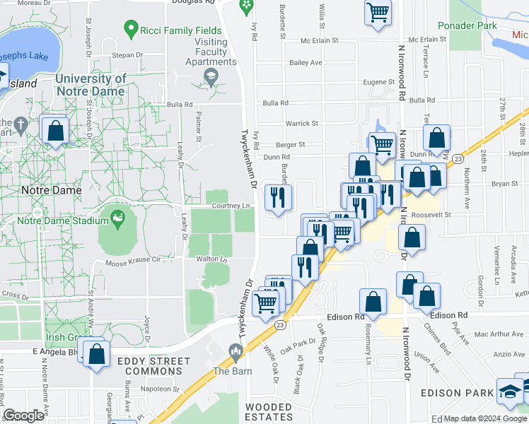 map of restaurants, bars, coffee shops, grocery stores, and more near 1735 Burdette Street in South Bend