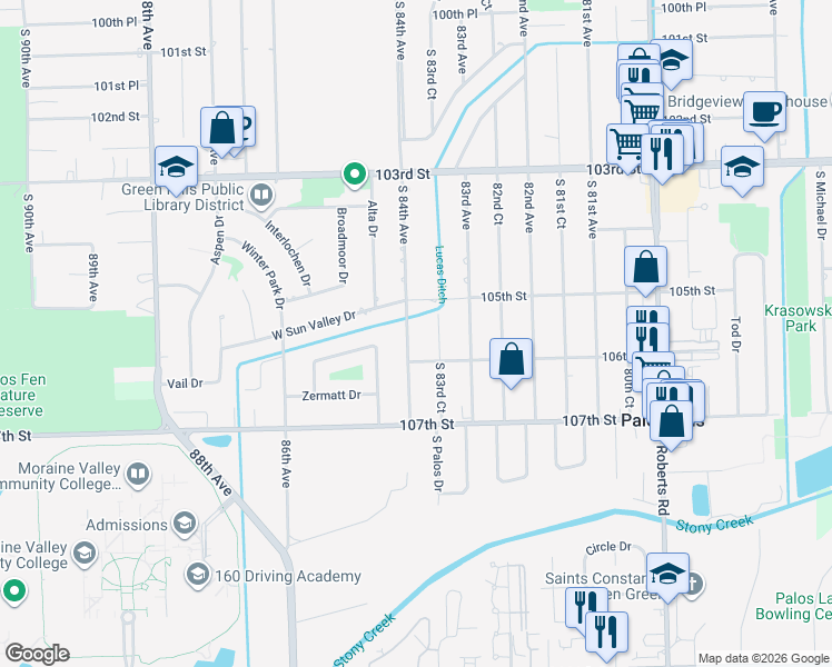map of restaurants, bars, coffee shops, grocery stores, and more near 10551 South 84th Avenue in Palos Hills