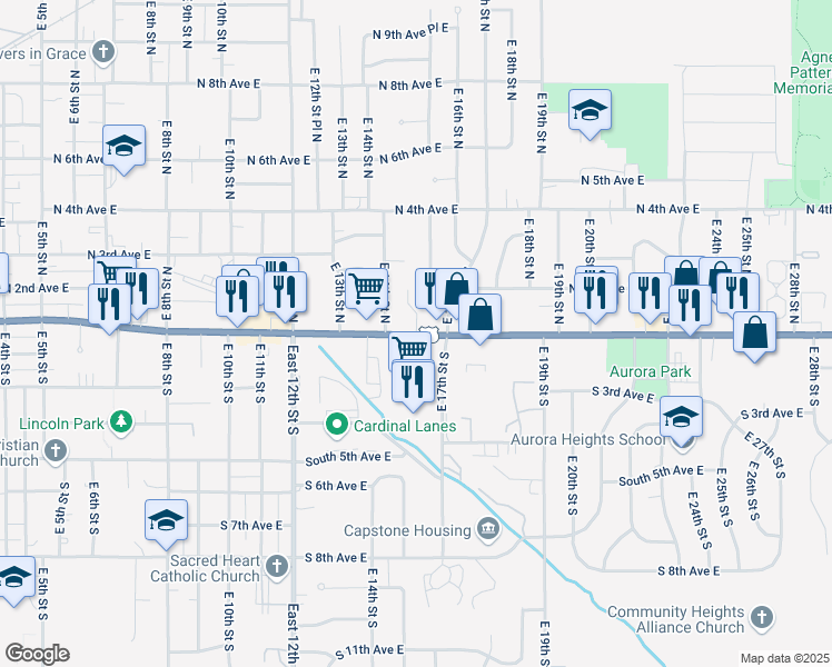 map of restaurants, bars, coffee shops, grocery stores, and more near 1337 1st Ave E in Newton