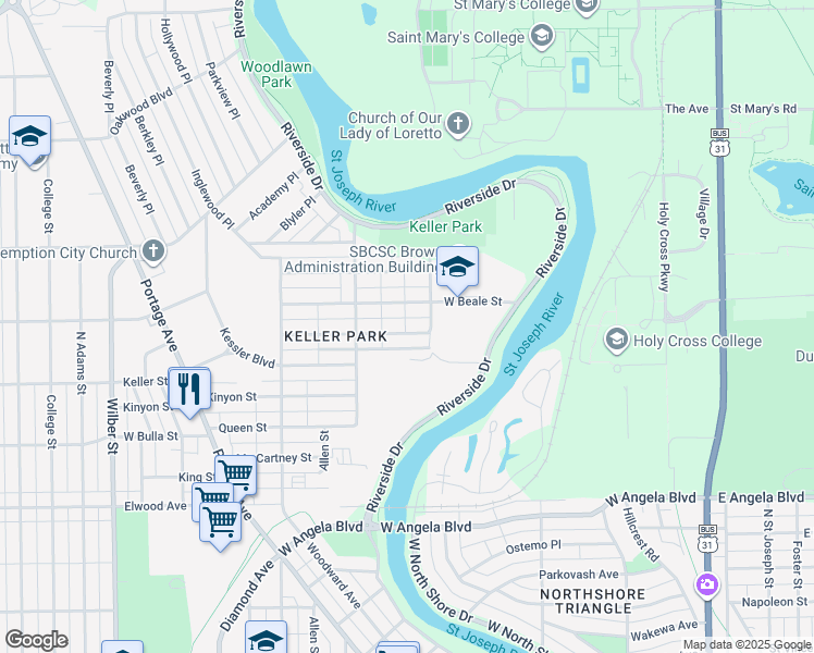 map of restaurants, bars, coffee shops, grocery stores, and more near Roosevelt Street in South Bend