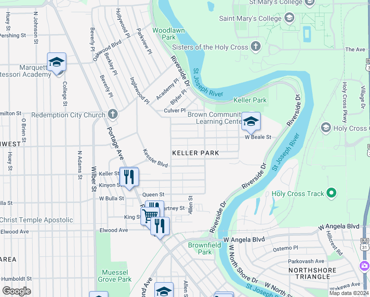 map of restaurants, bars, coffee shops, grocery stores, and more near 1105 Roosevelt Street in South Bend