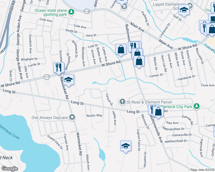 map of restaurants, bars, coffee shops, grocery stores, and more near 27 Larson Drive in Warwick