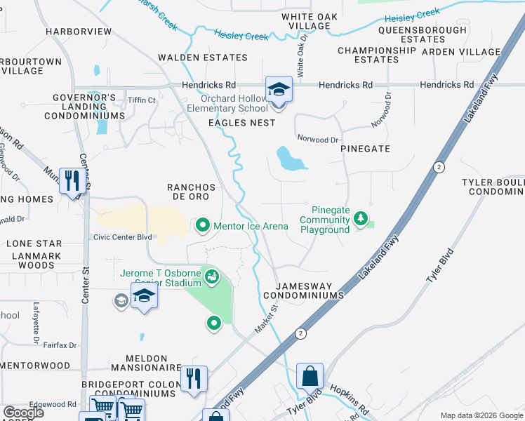 map of restaurants, bars, coffee shops, grocery stores, and more near 6329 Hopkins Road in Mentor