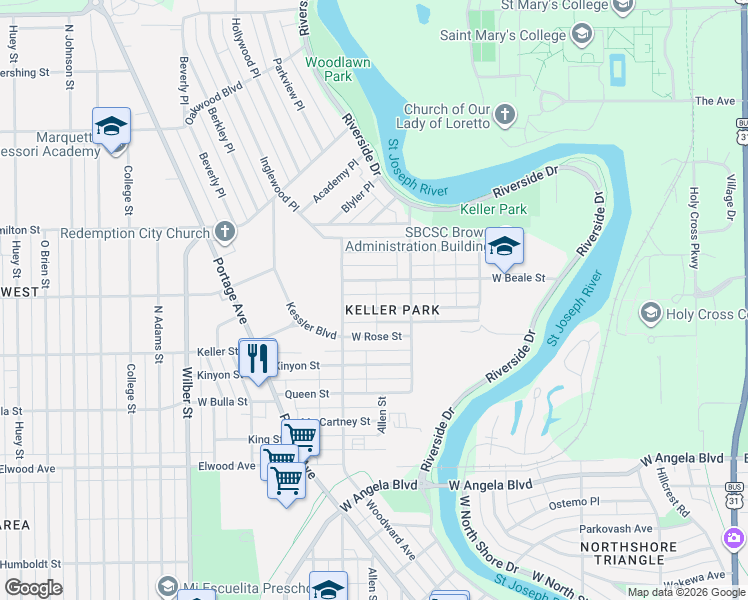 map of restaurants, bars, coffee shops, grocery stores, and more near 1109 Rose Street in South Bend