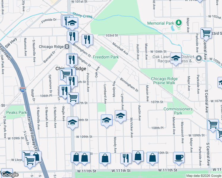map of restaurants, bars, coffee shops, grocery stores, and more near 10639 Lombard Avenue in Chicago Ridge