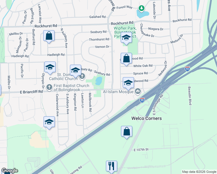 map of restaurants, bars, coffee shops, grocery stores, and more near 104 Oxford Road in Bolingbrook