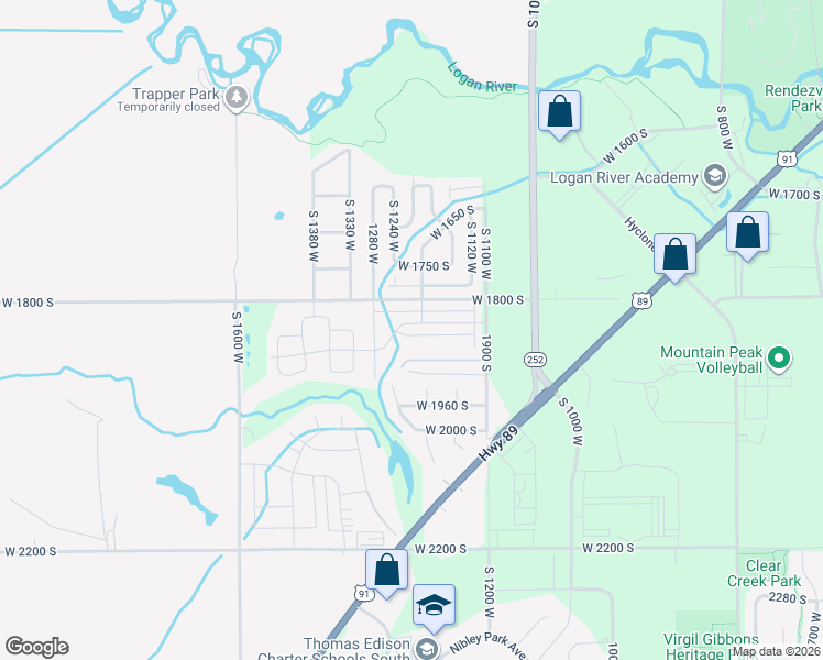 map of restaurants, bars, coffee shops, grocery stores, and more near 1219 West 1870 South in Logan