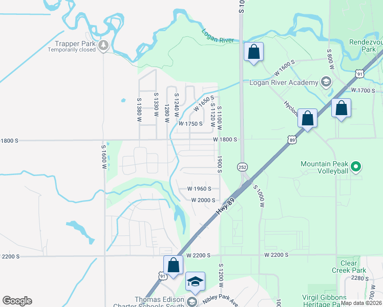 map of restaurants, bars, coffee shops, grocery stores, and more near 1195 West 1870 South in Logan