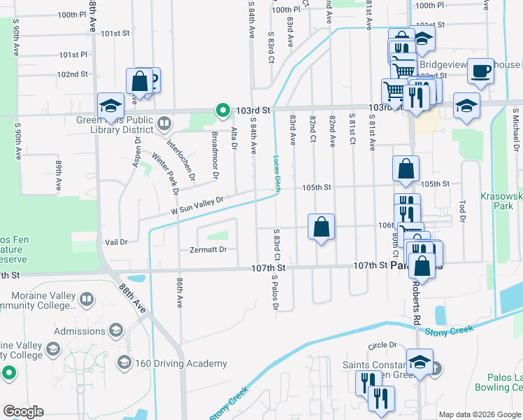 map of restaurants, bars, coffee shops, grocery stores, and more near 10551 South 84th Avenue in Palos Hills