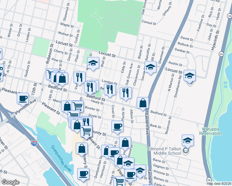 map of restaurants, bars, coffee shops, grocery stores, and more near 1076 Bedford Street in Fall River
