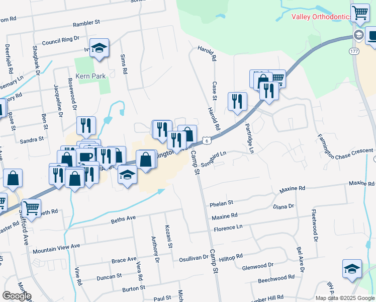 map of restaurants, bars, coffee shops, grocery stores, and more near 1462 Farmington Avenue in Bristol