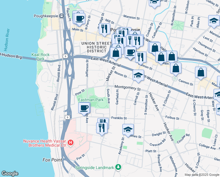 map of restaurants, bars, coffee shops, grocery stores, and more near 1 South Avenue in Poughkeepsie