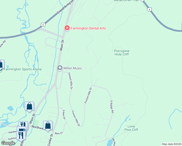 map of restaurants, bars, coffee shops, grocery stores, and more near 71 Forest Hills Drive in Farmington