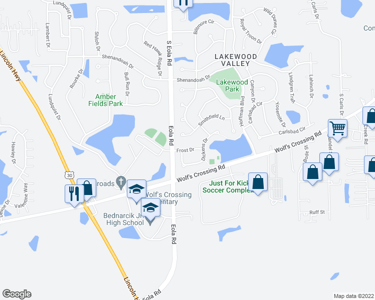 map of restaurants, bars, coffee shops, grocery stores, and more near 2461 Frost Drive in Aurora