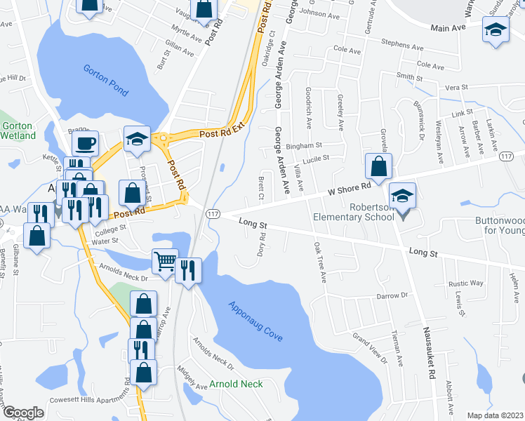 map of restaurants, bars, coffee shops, grocery stores, and more near 46 Aspen Way in Warwick