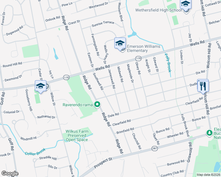 map of restaurants, bars, coffee shops, grocery stores, and more near 25 Gracewell Road in Wethersfield