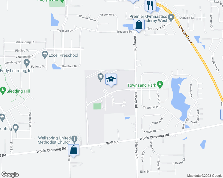 map of restaurants, bars, coffee shops, grocery stores, and more near 1525 Harvey Road in Oswego