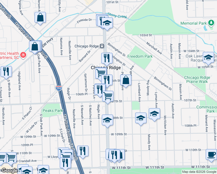 map of restaurants, bars, coffee shops, grocery stores, and more near 10619 Ridgeland Avenue in Chicago Ridge