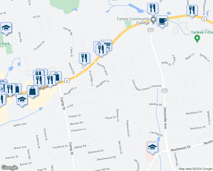 map of restaurants, bars, coffee shops, grocery stores, and more near 132 Songbird Lane in Farmington