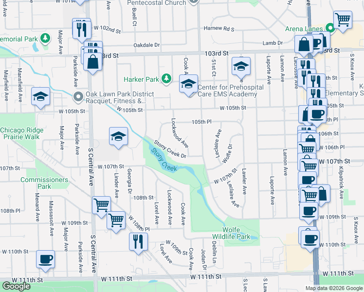 map of restaurants, bars, coffee shops, grocery stores, and more near 10613 Lockwood Court in Oak Lawn