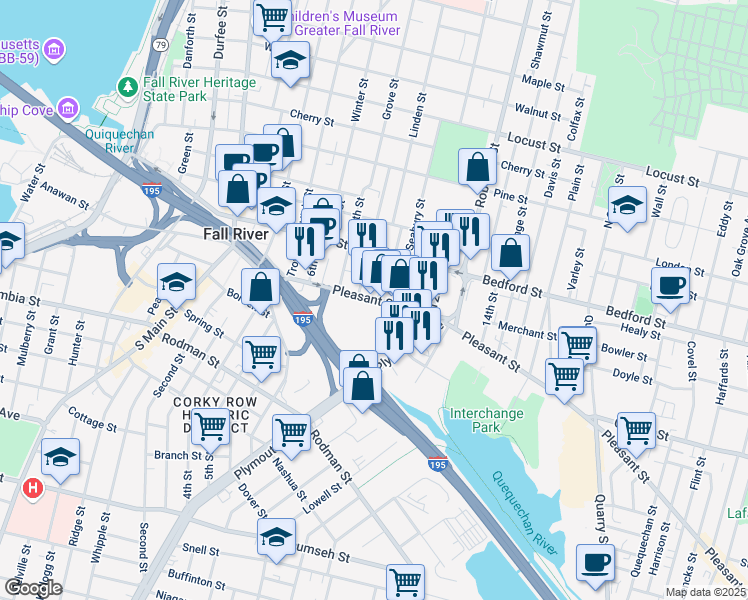 map of restaurants, bars, coffee shops, grocery stores, and more near 359 Pleasant Street in Fall River