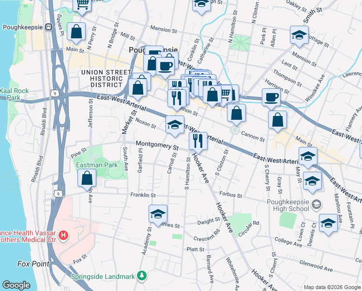 map of restaurants, bars, coffee shops, grocery stores, and more near 112 Montgomery Street in Poughkeepsie