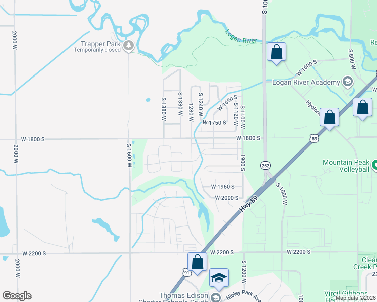 map of restaurants, bars, coffee shops, grocery stores, and more near 1813 South 1280 West in Logan