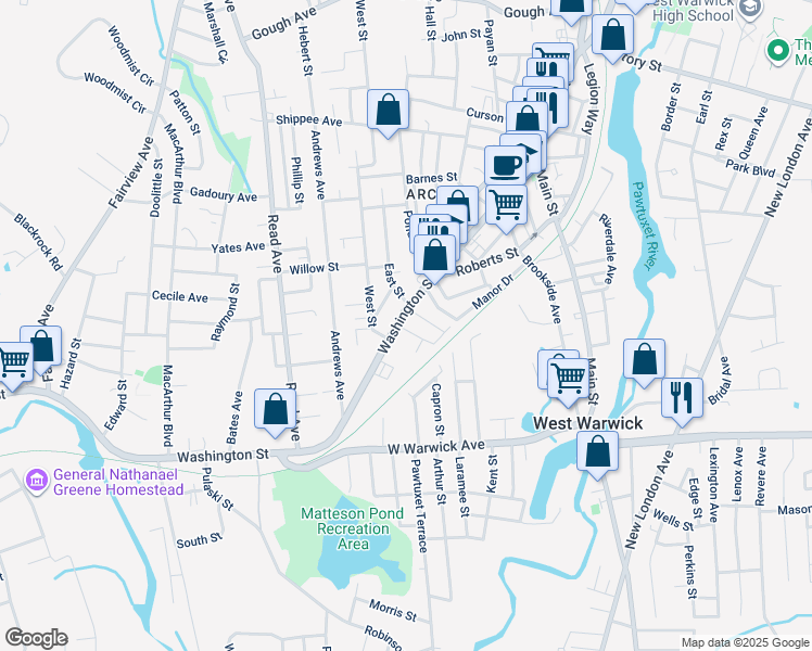 map of restaurants, bars, coffee shops, grocery stores, and more near 270 Washington Street in West Warwick