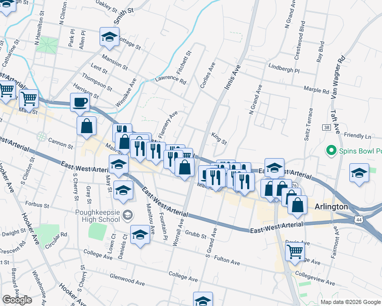 map of restaurants, bars, coffee shops, grocery stores, and more near 34 Innis Avenue in Poughkeepsie
