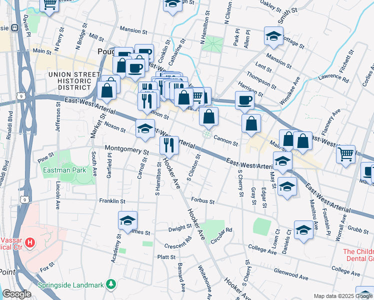 map of restaurants, bars, coffee shops, grocery stores, and more near 241 Church Street in Poughkeepsie