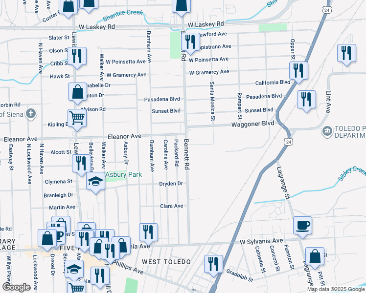 map of restaurants, bars, coffee shops, grocery stores, and more near in Toledo