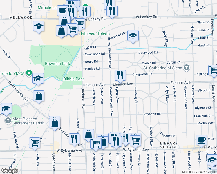 map of restaurants, bars, coffee shops, grocery stores, and more near 4513 Commonwealth Avenue in Toledo
