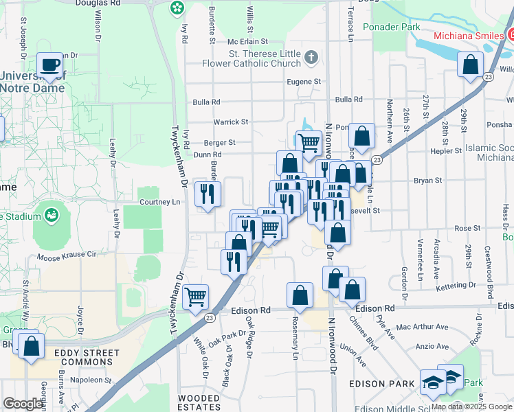 map of restaurants, bars, coffee shops, grocery stores, and more near 54679 Willis Street in South Bend
