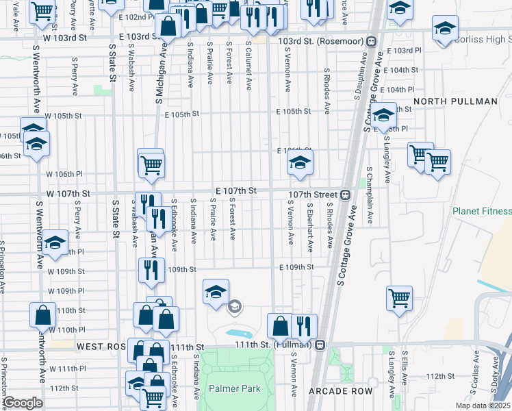 map of restaurants, bars, coffee shops, grocery stores, and more near 325 East 107th Street in Chicago