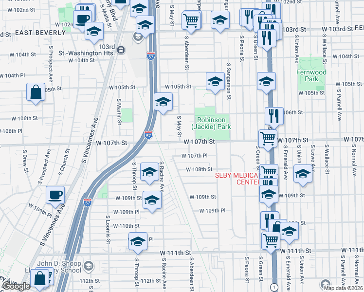 map of restaurants, bars, coffee shops, grocery stores, and more near 10640 South May Street in Chicago