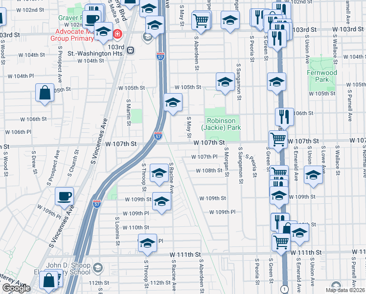 map of restaurants, bars, coffee shops, grocery stores, and more near 10640 South May Street in Chicago