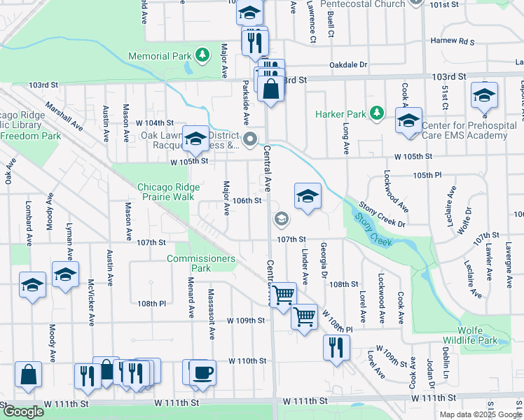 map of restaurants, bars, coffee shops, grocery stores, and more near 10555 Parkside Avenue in Chicago Ridge