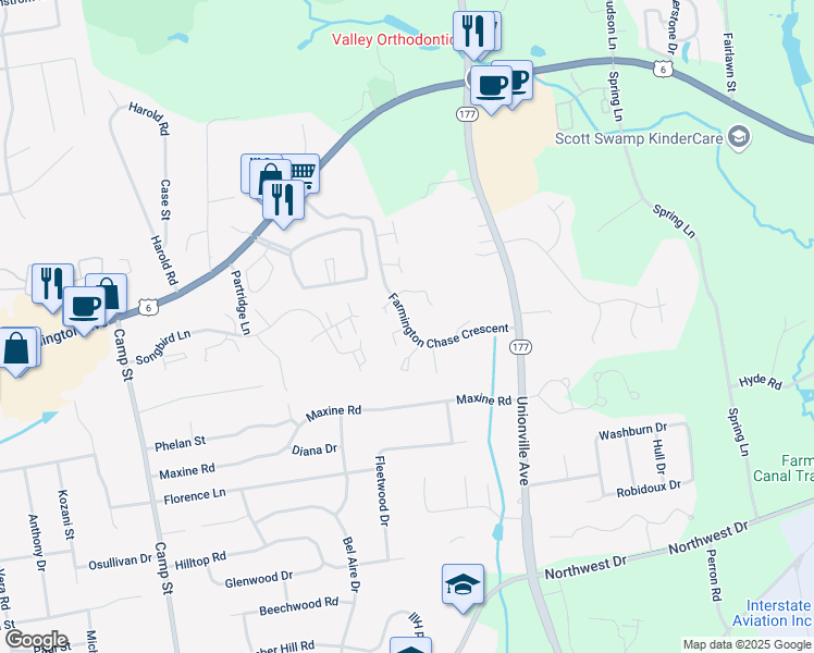map of restaurants, bars, coffee shops, grocery stores, and more near 80 Farmington Chase Crescent in Farmington