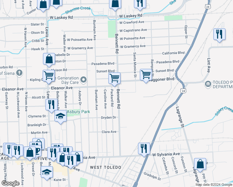 map of restaurants, bars, coffee shops, grocery stores, and more near 455 Waggoner Boulevard in Toledo