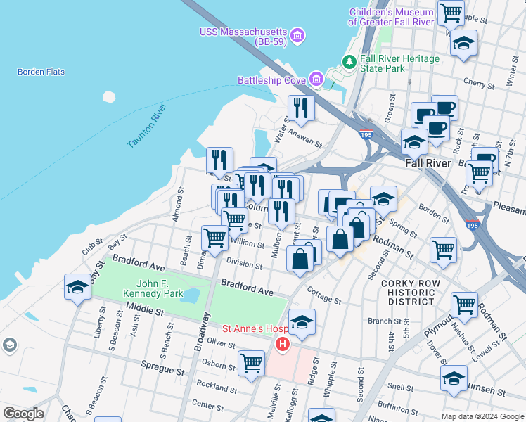 map of restaurants, bars, coffee shops, grocery stores, and more near 101 Columbia Street in Fall River
