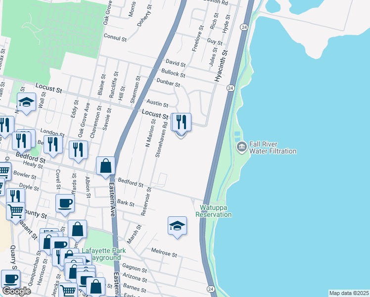 map of restaurants, bars, coffee shops, grocery stores, and more near 251 Stonehaven Road in Fall River