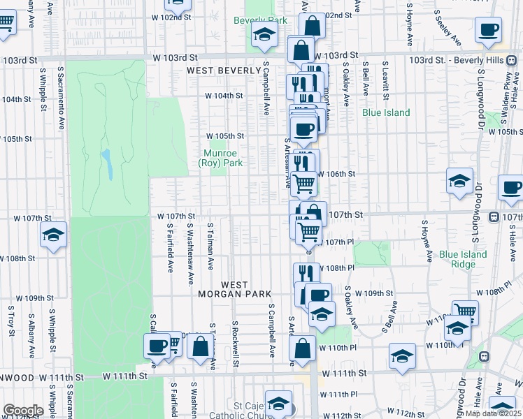 map of restaurants, bars, coffee shops, grocery stores, and more near 10630 South Campbell Avenue in Chicago