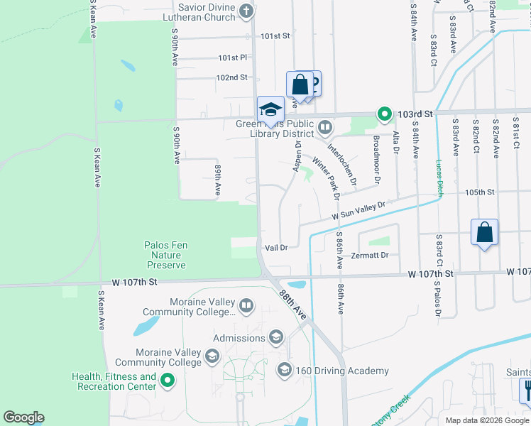 map of restaurants, bars, coffee shops, grocery stores, and more near 10504 Aspen Drive in Palos Hills