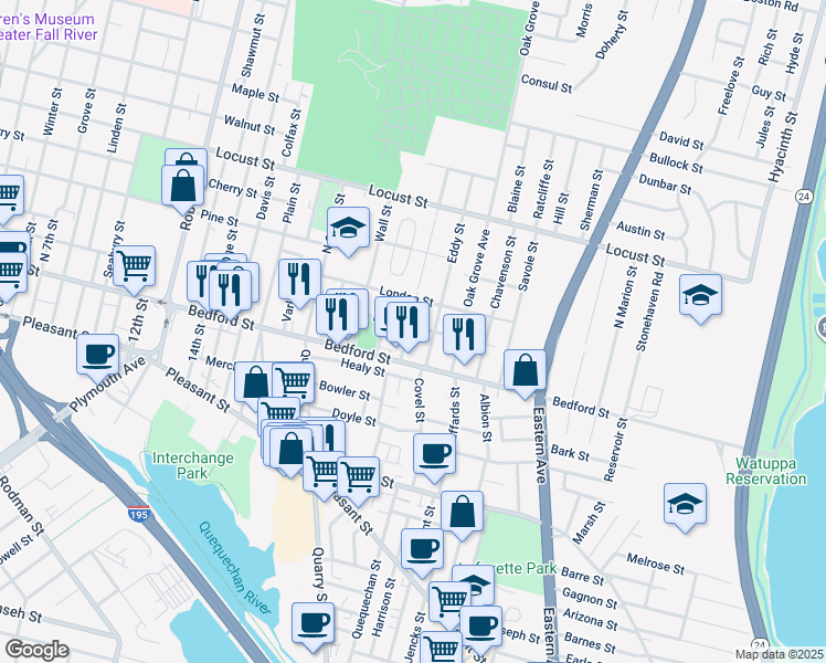 map of restaurants, bars, coffee shops, grocery stores, and more near 213 Beattie Street in Fall River