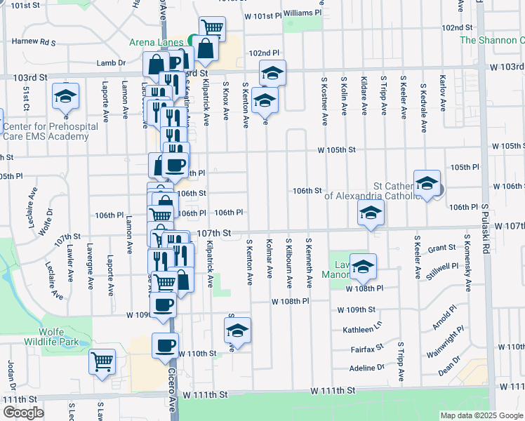 map of restaurants, bars, coffee shops, grocery stores, and more near 10601 South Kenton Avenue in Oak Lawn