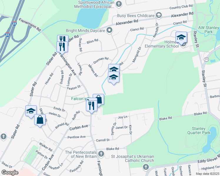 map of restaurants, bars, coffee shops, grocery stores, and more near 757 Farmington Avenue in New Britain