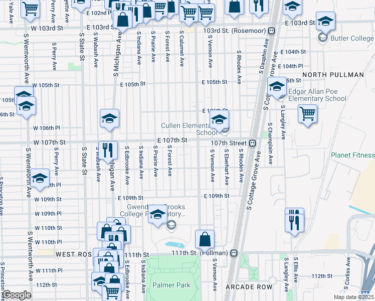 map of restaurants, bars, coffee shops, grocery stores, and more near 10719 South Calumet Avenue in Chicago