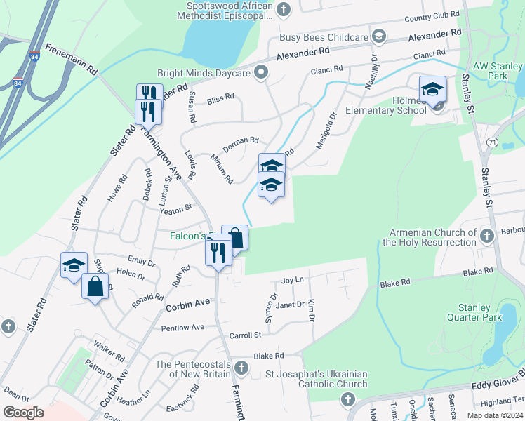 map of restaurants, bars, coffee shops, grocery stores, and more near 757 Farmington Avenue in New Britain