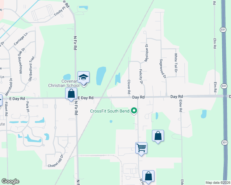 map of restaurants, bars, coffee shops, grocery stores, and more near 14769 East Day Road in Mishawaka
