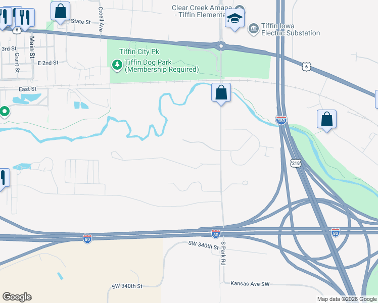 map of restaurants, bars, coffee shops, grocery stores, and more near 12 Gable Way in Tiffin